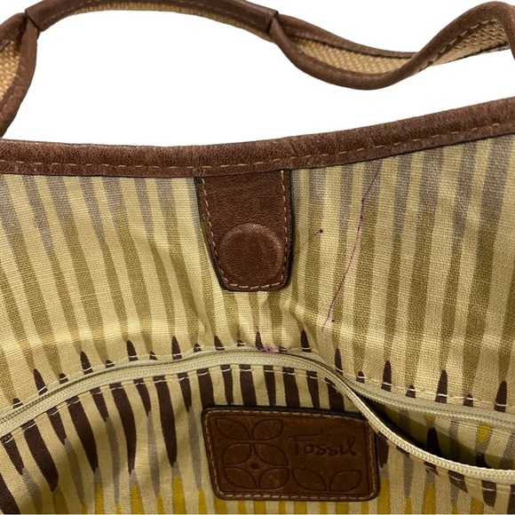 Fossil Straw Large Satchel Bag Floral Accent Leather Trim Magnetic Closure 13x17 - Picture 8 of 13